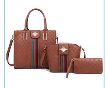 Load image into Gallery viewer, Queen Bee Stripe Embossed Monogram 3-in-1 Tote Set Handbag
