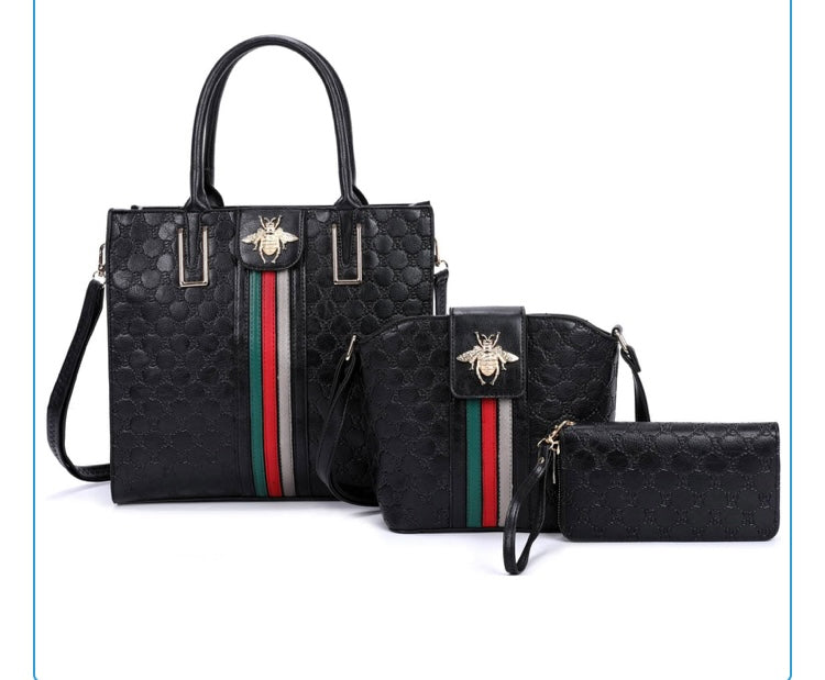 Queen Bee Stripe Embossed Monogram 3-in-1 Tote Set Handbag