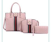 Load image into Gallery viewer, Queen Bee Stripe Embossed Monogram 3-in-1 Tote Set Handbag
