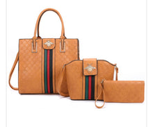 Load image into Gallery viewer, Queen Bee Stripe Embossed Monogram 3-in-1 Tote Set Handbag
