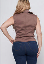 Load image into Gallery viewer, Camel White Ruffle Sleeveless Junior Plus Size Vest With Button In The Front.
