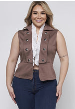 Load image into Gallery viewer, Camel White Ruffle Sleeveless Junior Plus Size Vest With Button In The Front.
