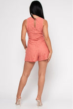 Load image into Gallery viewer, Coral V-Neck Sleeve Less Cut Out Back Lace Romper With Zipper On The Side.
