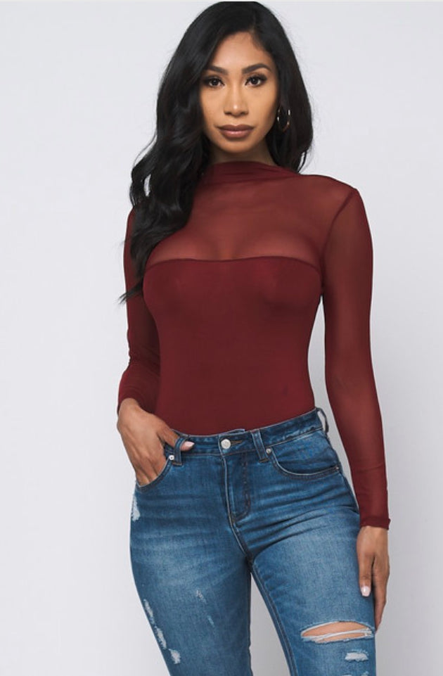 Wine Round Neck Long Sleeve Open Back Bodysuit.